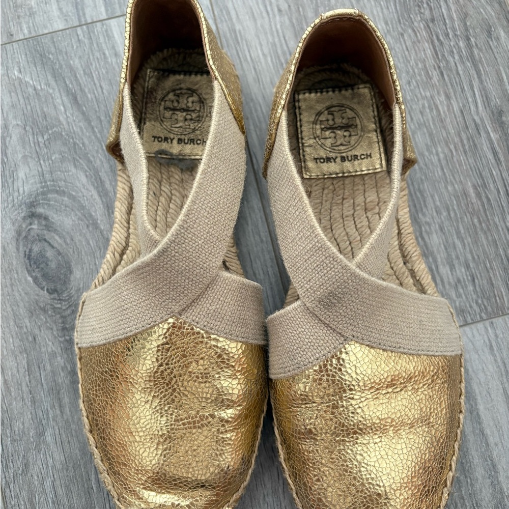 Tory Burch Metallic Gold Espadrille Flats with Beige Cross Straps